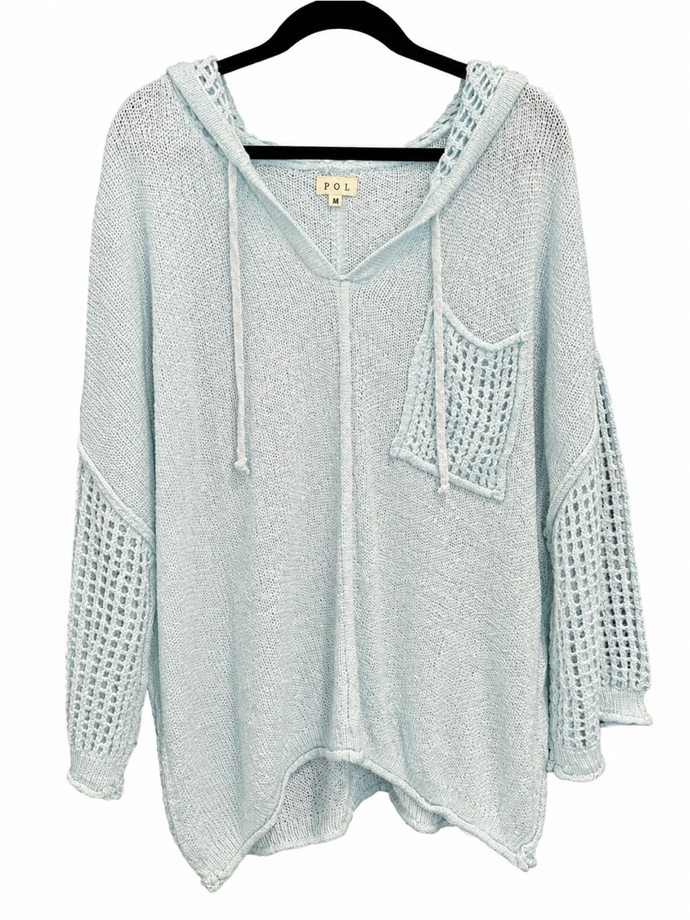POL Light Blue Crochet Knit Hoodie Tunic Top